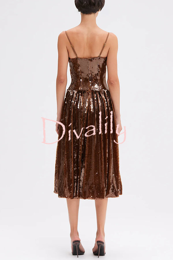 Enchanted Night Sequin Low-cut Corset Balloon Hem Slip Midi Dress