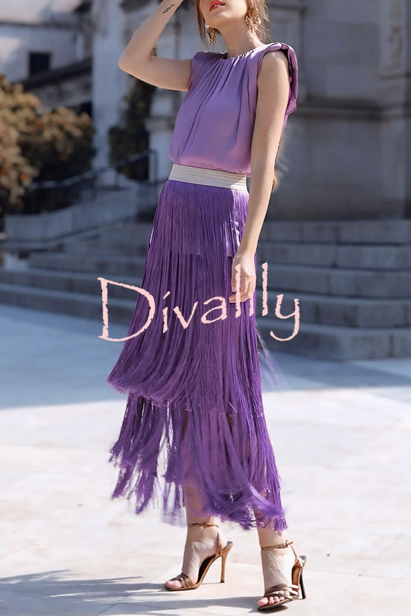 Elegant Tassel Hem Elastic Waist Casual Maxi Skirt