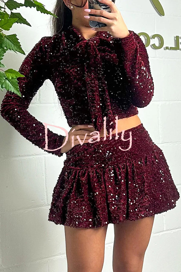 Solid Velvet Sequined Long Sleeve Tie Top and Seersucker Mini Skirt Set