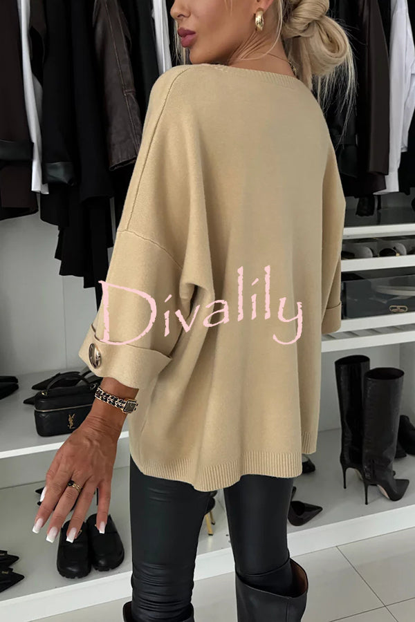 Elegance and Modern Knit Button Detail Half Sleeve Loose Sweater