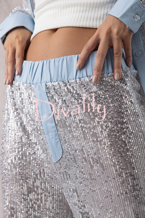 Fashion Sequined Loose Long-sleeved Shirt and Casual Elastic Waist Wide-leg Pants Set