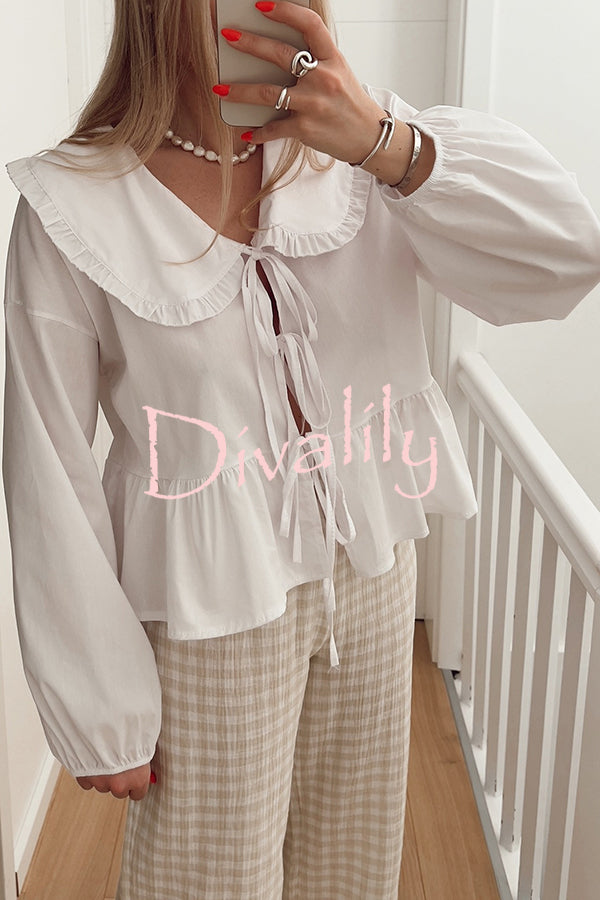 Casual and Versatile Lace-up Long-sleeved Babydoll Blouse