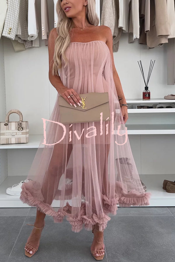 Fairytale Charm Tulle Off Shoulder Ruffles Trim A-line Midi Dress