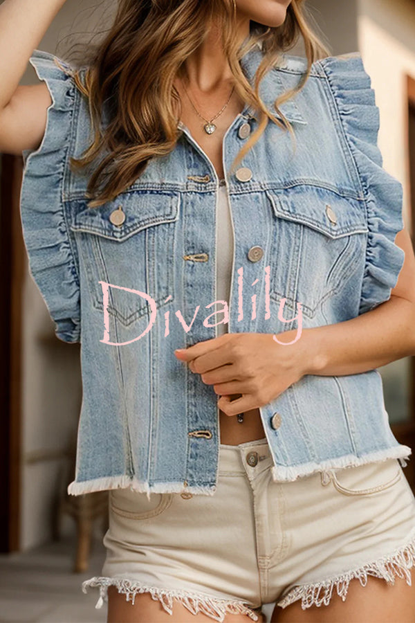 Stylish Lapel Single-breasted Ruffle Sleeve Loose Denim Jacket