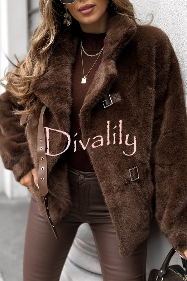 Chill Whispers Belt Buckle Design Long Sleeve Pocket Lapel Plush Coat
