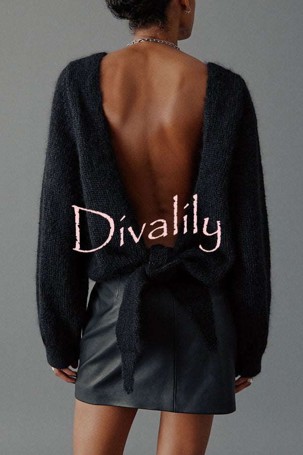 Chunky Season Knit Mohair-blend Long Sleeve Open Back Knot Design Loose Sweater