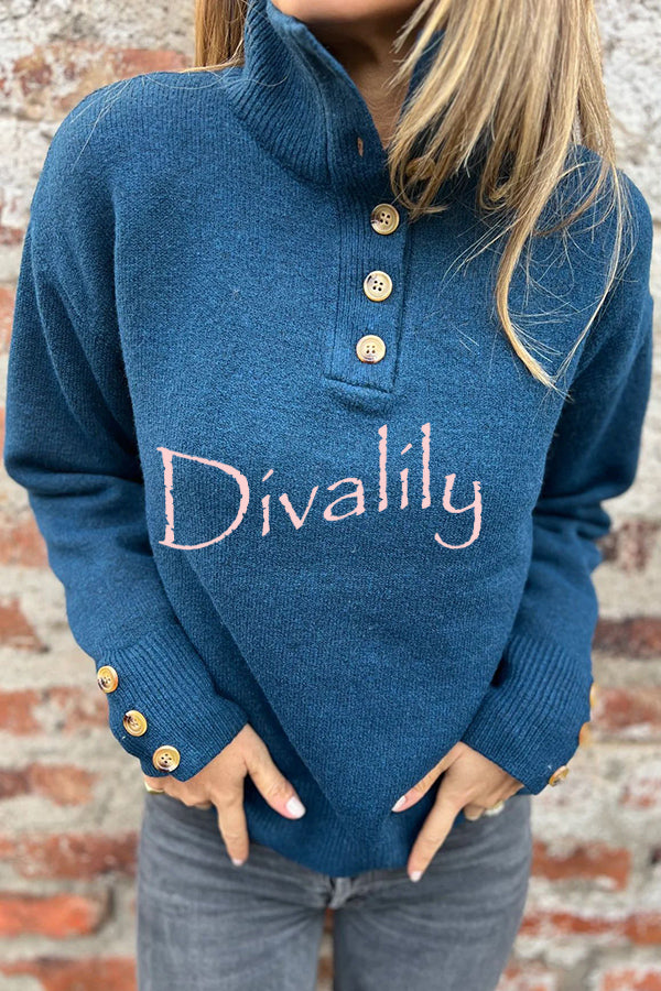 Solid Color High Collar Button Loose Long Sleeve Knitted Sweater