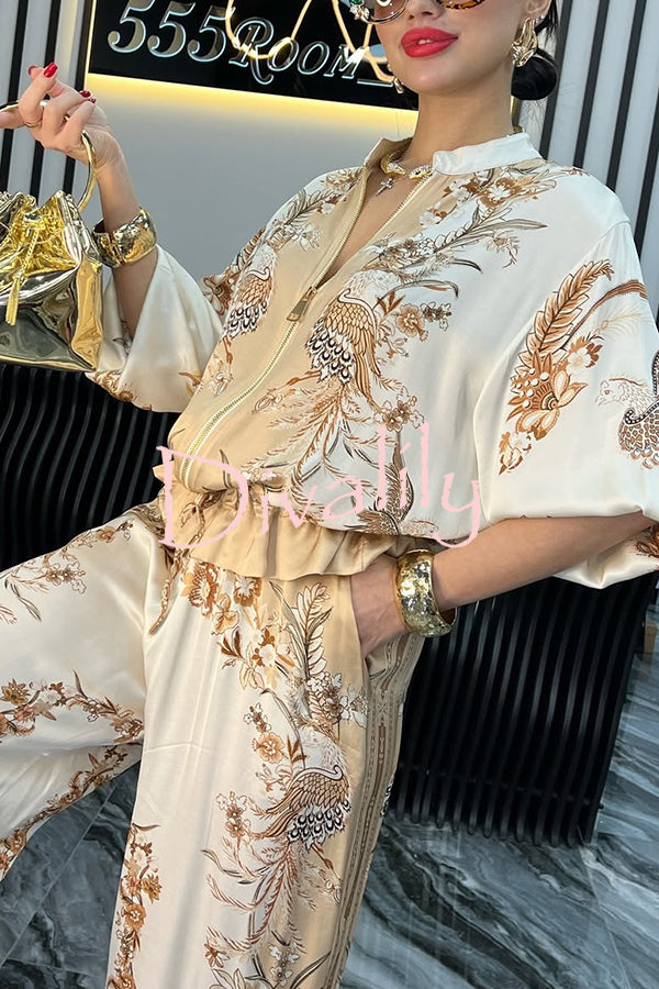 Unique Printed Casual Long-sleeved Loose Top and Elastic Waist Pocket Wide-leg Pants Set