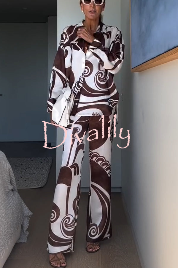 Oceanfront Views Unique Print Long Sleeve Loose Shirt and Elastic Waist Pocketed Pants Set