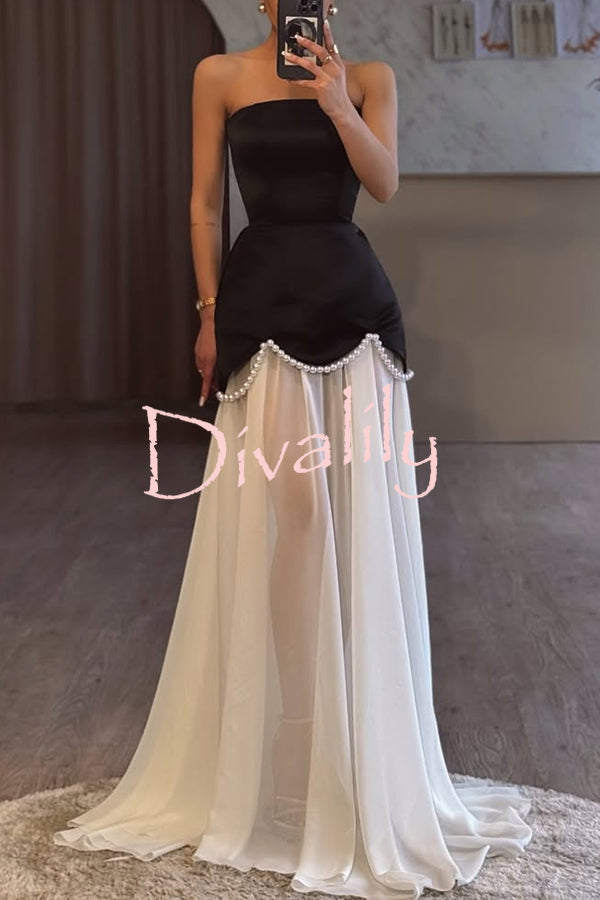 Jiya Satin Petal Hem Pearl Detail Chiffon Cape Strapless Maxi Dress