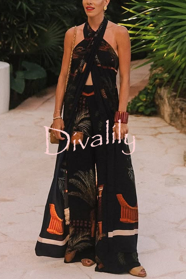 Jungle Elf Unique Print Halter Slit Midi Tank and Elastic Waist Wide Pants Set