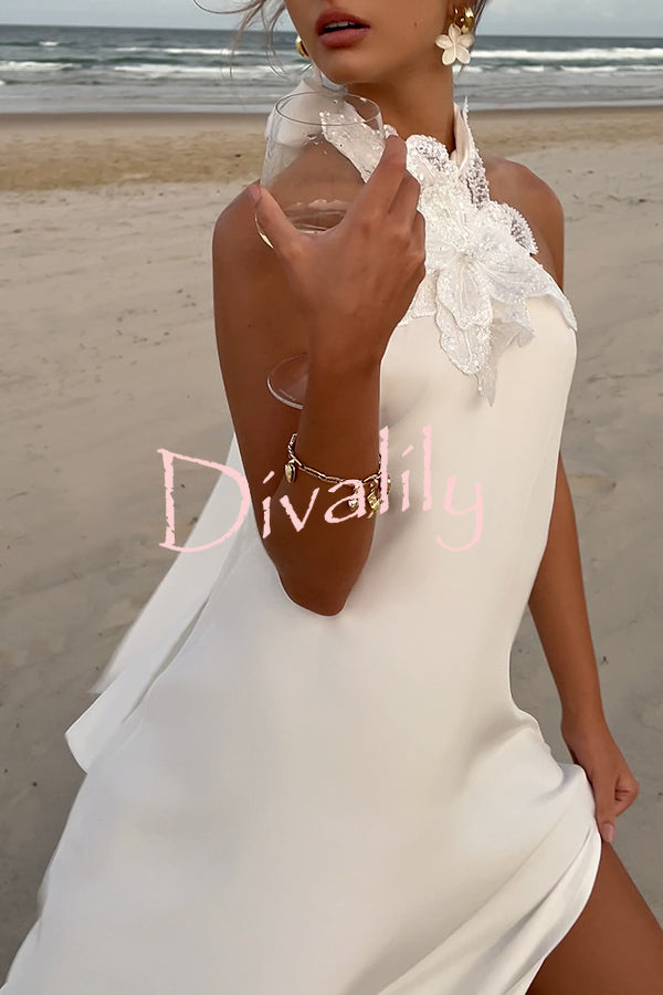 Floral Embellished Satin Halterneck Backless Resort Maxi Dress