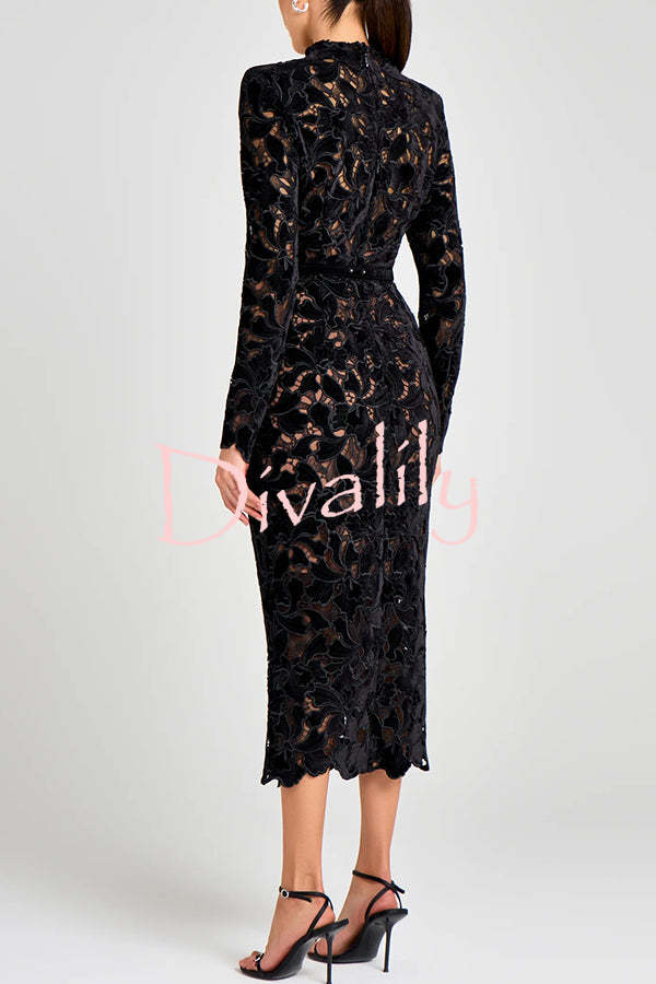 Diane Velvet Embroidered Floral Lace Long Sleeve Belt Scallop Edge Midi Dress