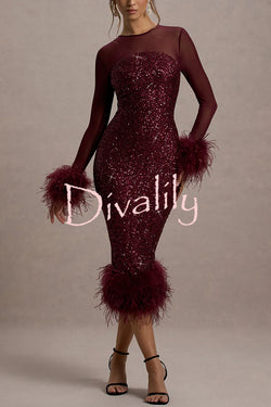 Glamor and Drama Mesh Sequin Patchwork Feather Trim Stretch Midi Dress