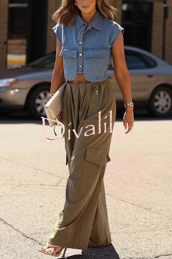 Great Week Pleated Elastic Waist Zipper Pocket Wide Leg Cargo Pants