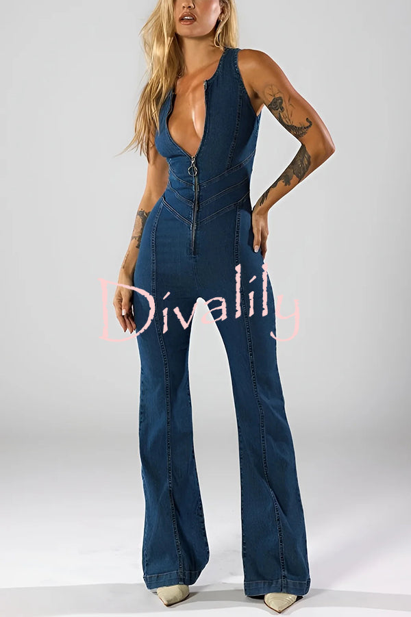 Fashionable Heart Hollow Back Slim High Waist Flared Denim Jumpsuit