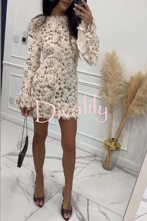 Twilight Ember Knit Sequin Tassels Wide Neck Long Bell Sleeve Mini Dress