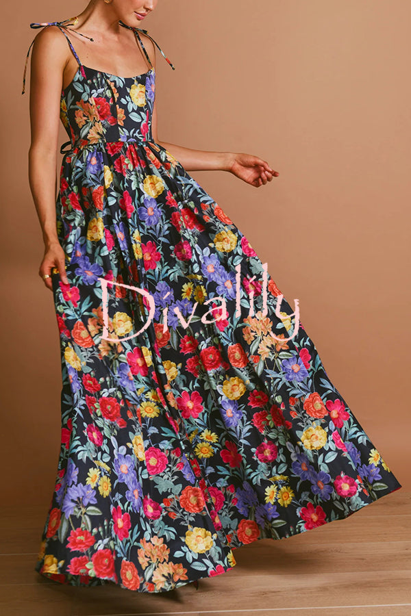 Garden Wedding Floral Print Back Tie-up Pocketed Slit Maxi Dress