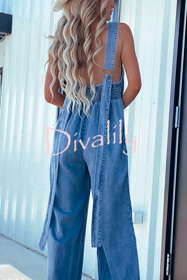 Solid Color Sexy V-neck Open Back Pleated Loose Denim Jumpsuit