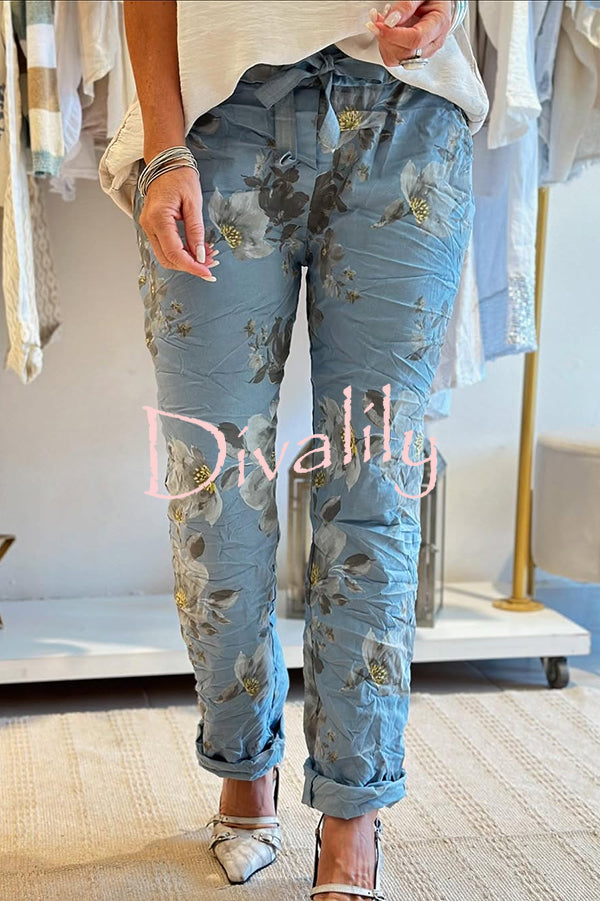 Floral Print Elastic Waist Casual Pocket Pants