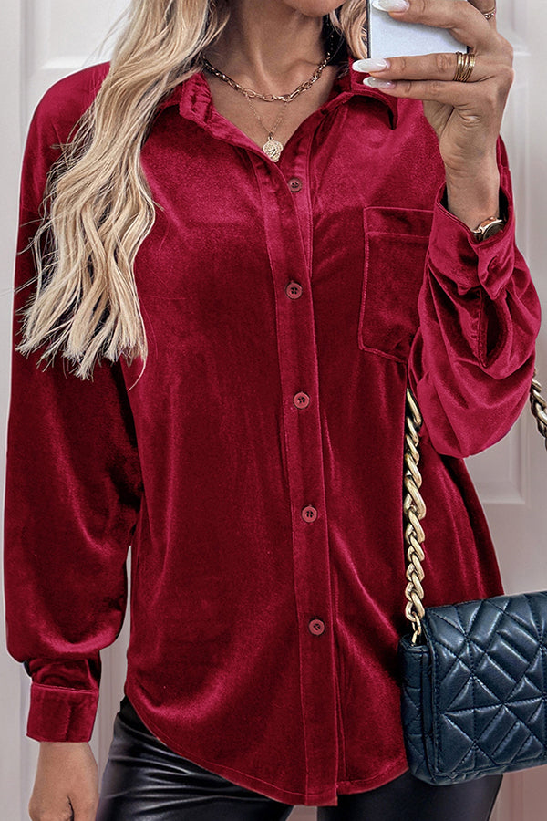 Solid Color Velvet Casual Lapel Pocket Loose Shirt