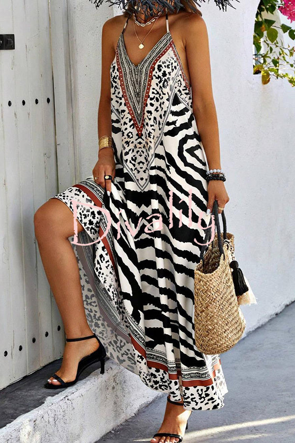 Zebra Print V-neck Open Back Loose Maxi Dress