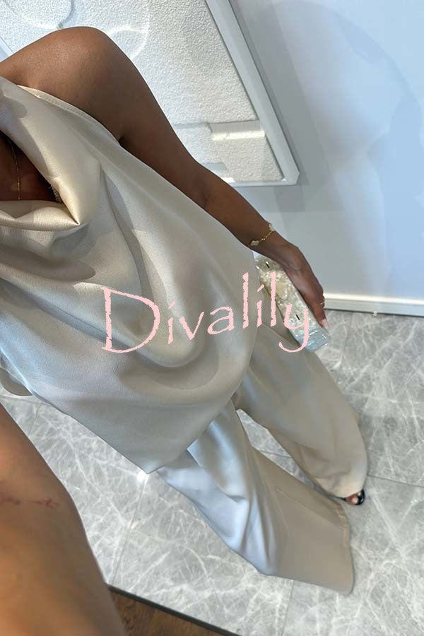 Classic on You Satin High Cowl Neck Top and Elastic Waist Pocket Loose Pants Set