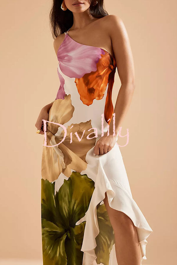 Love Filled Floral Print One Shoulder Side Ruffles Maxi Slip Dress