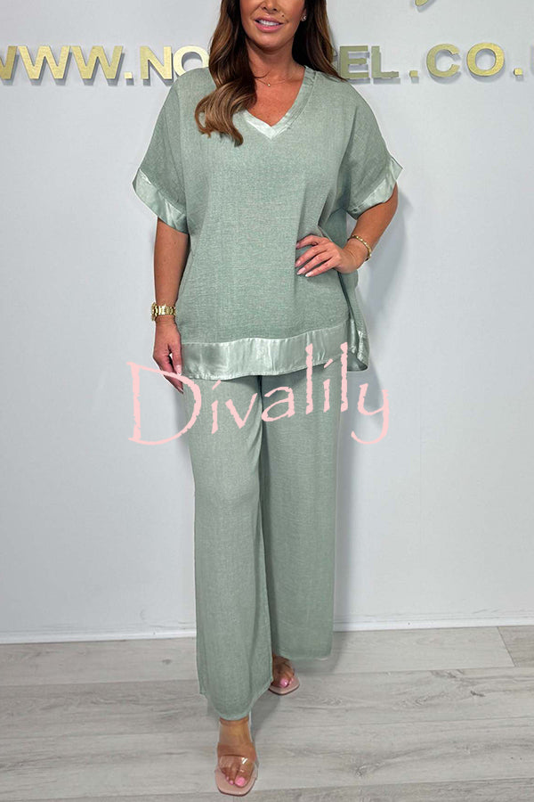 Fashionable V-neck Short-sleeved Loose Top and Elastic Waist Casual Wide-leg Pants Set