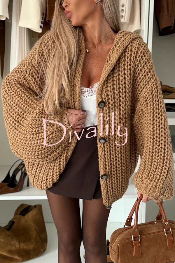 Warm Day Knit Button Up Long Balloon Sleeve Hooded Loose Cardigan