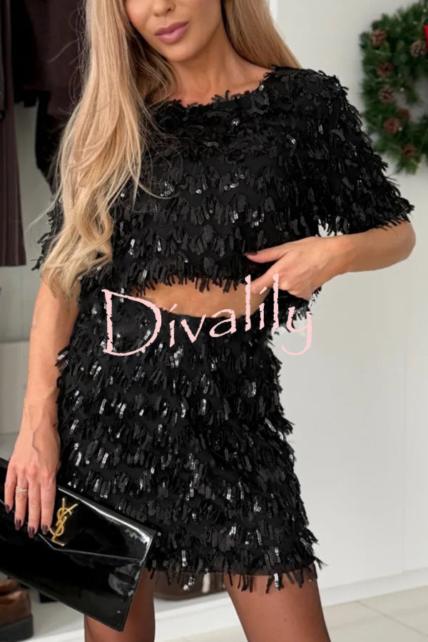 Polished Uptown Sequin Tassel Round Neck Short Sleeve Top and Elastic Waist Mini Skirt Set