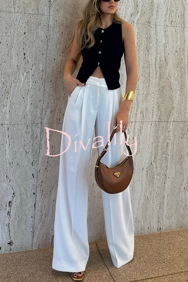 Solid Color Waist Pocket Loose Wide Leg Pants