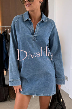 Fashion Lapel Long Sleeve Loose Denim Mini Dress