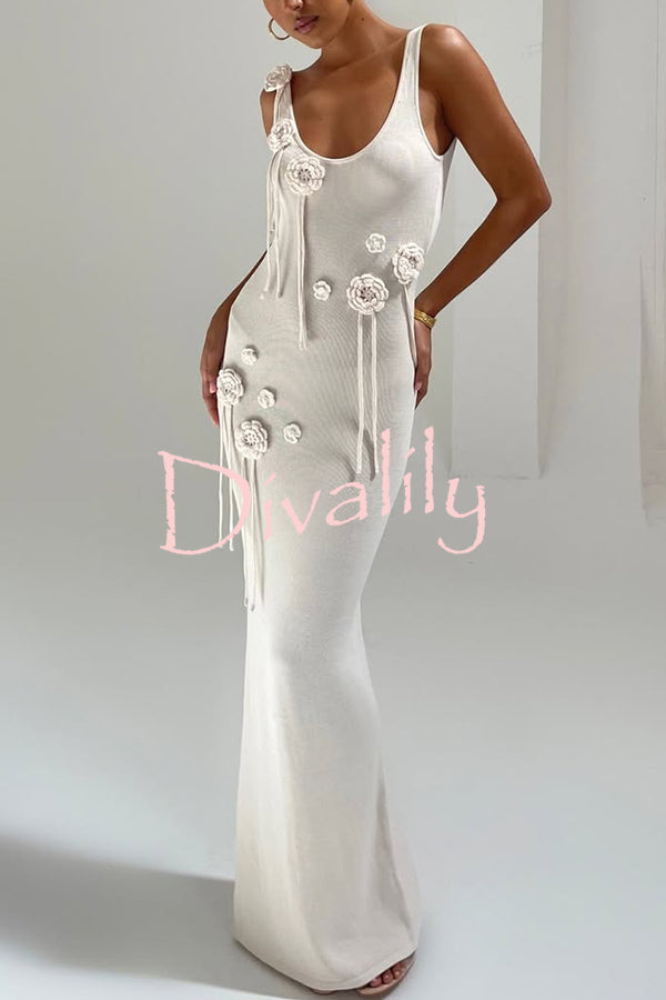 Charming Solid Color Knitted Floral Sexy Open Back Cover-up Maxi Dress