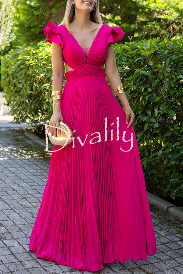 Seville Pleated Layered Ruffle Sleeve Cutout Back Lace-up Maxi Dress