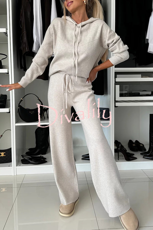 Solid Color Loose Hooded Tie Sweatshirt and Elastic Waist Casual Straight Pants Set