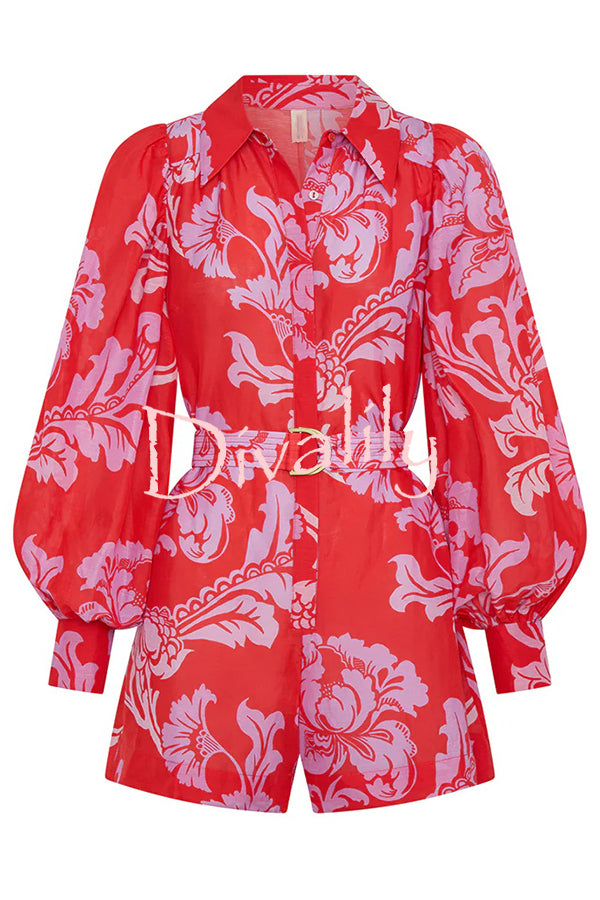 Linen Blend Botanical Print Lapel Puff Sleeve Loose Tie Casual Rompers