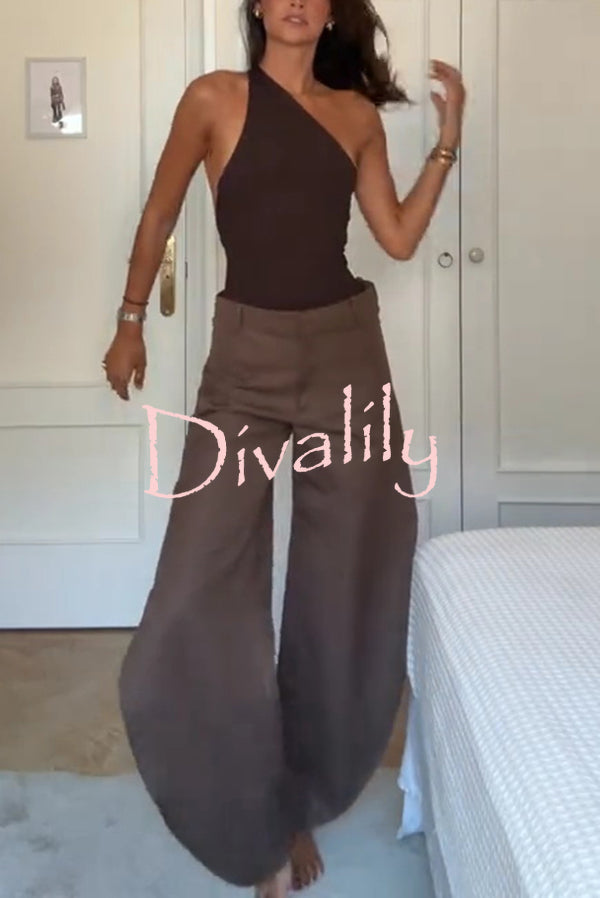 Fashion Slim-fit One-shoulder Stretch Bodysuit and Casual Side-slit Pants Set