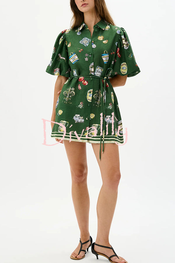 Linen Blend Unique Print Puff Sleeve Casual Mini Dress