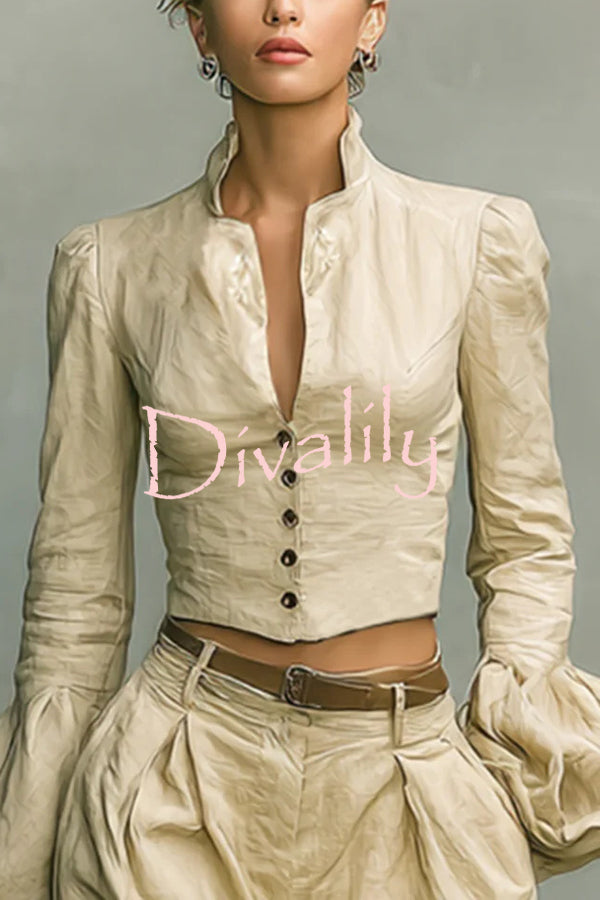 Linen-blend Long-sleeved Button-down Top and Relaxed-pocket Wide-leg Pants Set