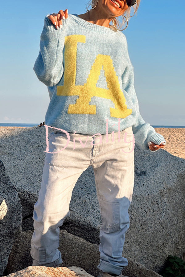 Letter Pattern Crew Neck Long Sleeve Loose Knit Sweater