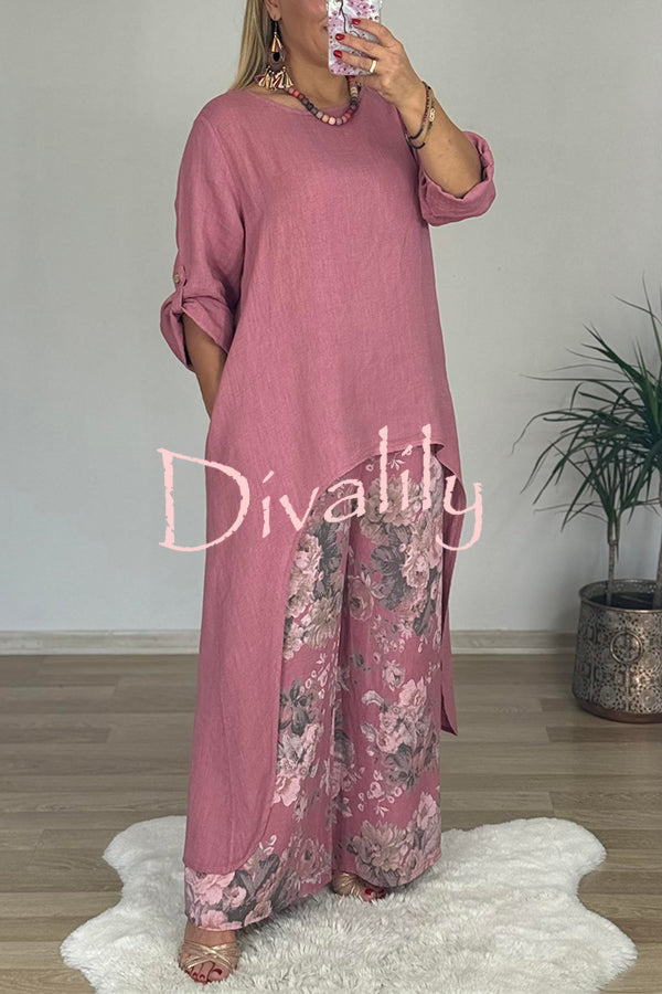 Linen Blend Crew Neck Long Sleeve Irregular Loose Top and Elastic Waist Floral Print Casual Pocket Set