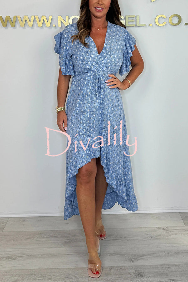 Resort Style V-neck Ruffle Sleeves Waist Tie Irregular Midi Dress
