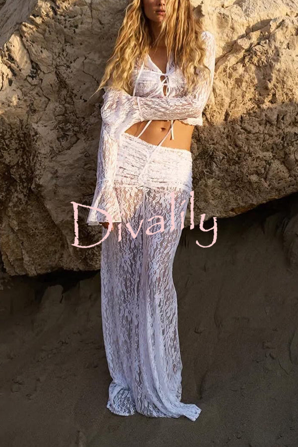 Sexy Lace Long-sleeve Lace-up Top and Pleated Sheer Maxi Skirt Set