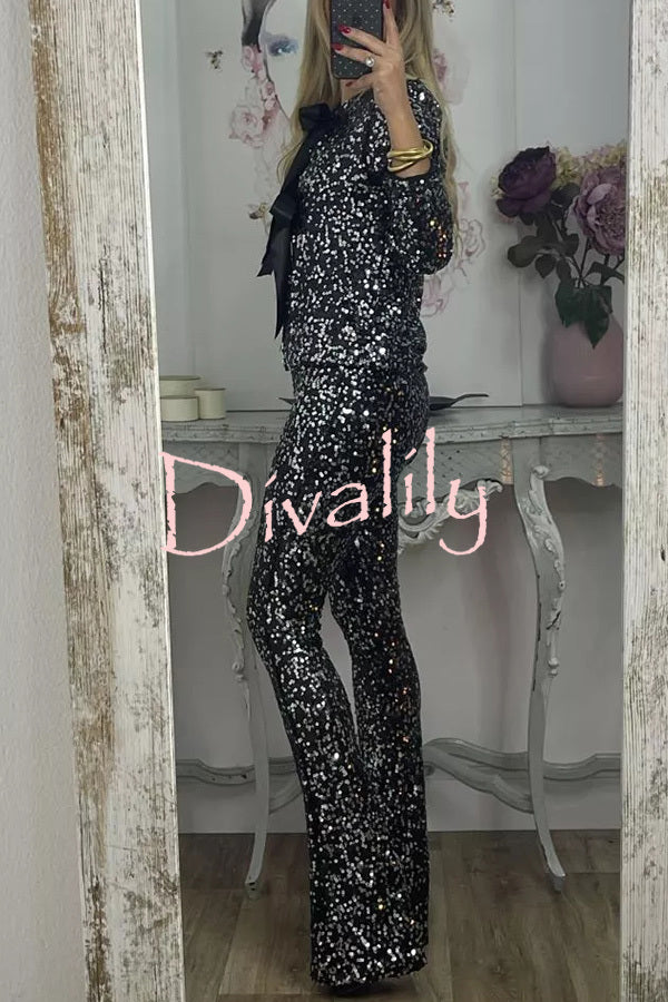 Holiday Cheer Sequin High Rise Elastic Waist Flared Stretch Pants