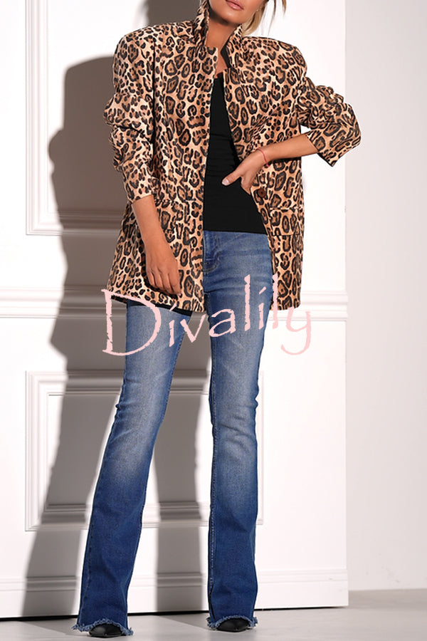 Catwalk Leopard Single Button Long Sleeve Pocketed Lapel Boyfriend Blazer