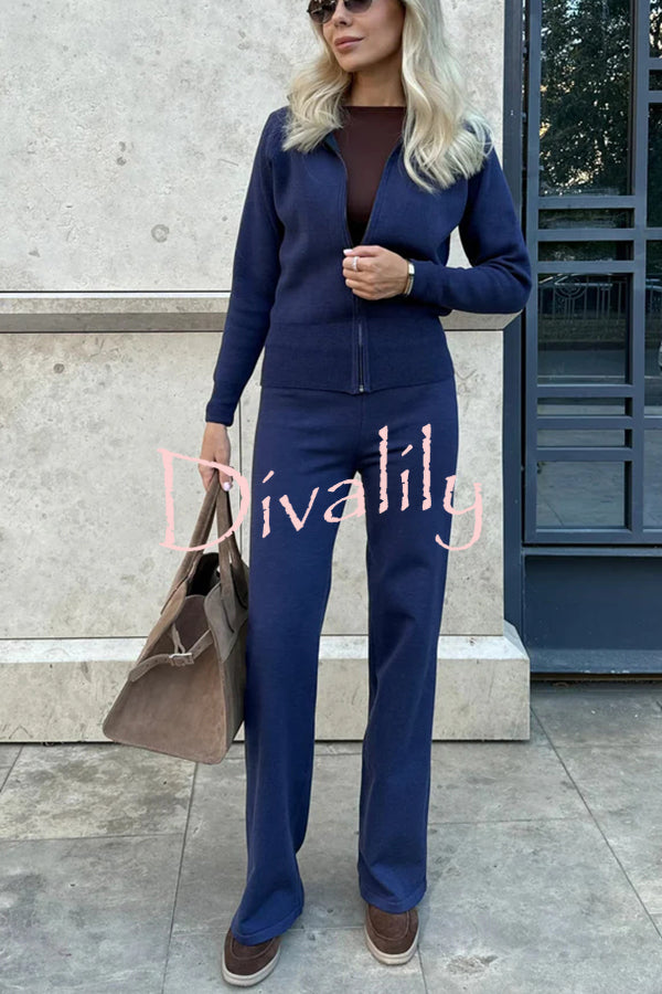 Cozycore Knit Zipper Long Sleeve Cardigan and Stretch Wide Leg Pants Set