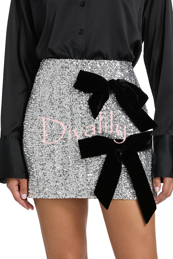 Holiday Party Sequin Velvet Bow Detail High Rise Stretch Mini Skirt
