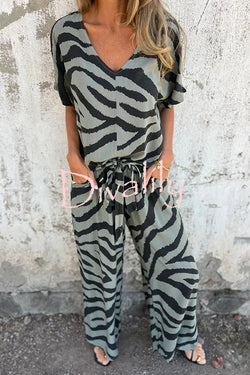 Zebra Print V-neck Short-sleeved Lace-up Top and Elastic Waist Pocket Straight-leg Pants Set