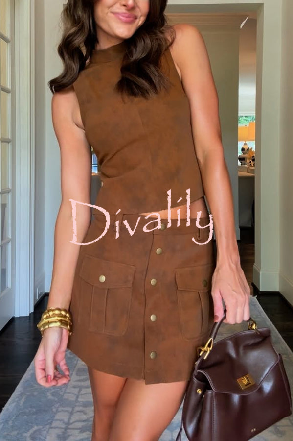 Autumn Atmosphere Faux Suede High Neck Zipper Tank and Button-Front Pocket Mini Skirt